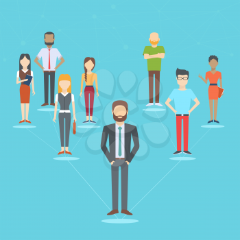 Set of business people, collection of diverse characters connected in network in flat cartoon style, vector illustration