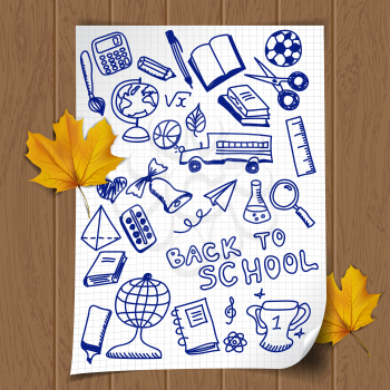 Back to school illustration with sketch school objects drawn on the note page