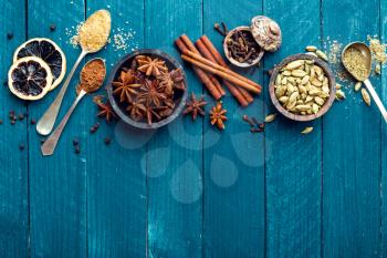 culinary background with various spices for Christmas mulled wine