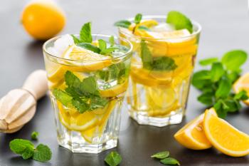 Lemon mojito cocktail with mint, cold refreshing drink or beverage