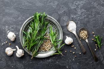 Rosemary, garlic, salt and white pepper, culinary background with various spices, directly above, flat lay, copy space