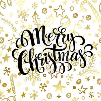 Merry Christmas lettering in golden seamless pattern EPS 10