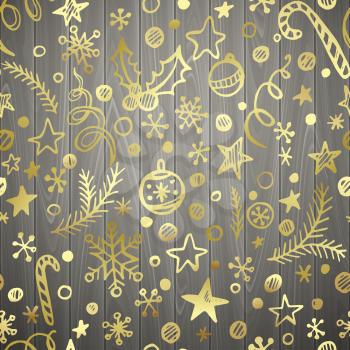 Christmas and New Year golden seamless pattern in wood background EPS 10