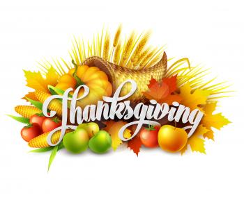 Illustration of a Thanksgiving cornucopia full of harvest fruits and vegetables. Vector EPS 10