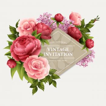 Vintage  Greeting Card with Blooming Flowers.  Vector Illustration EPS10