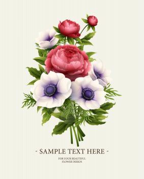 Greeting card with anemone and peony flower. Vector illustration EPS10