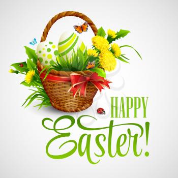 Easter card with basket, eggs and flowers. Vector illustration EPS10