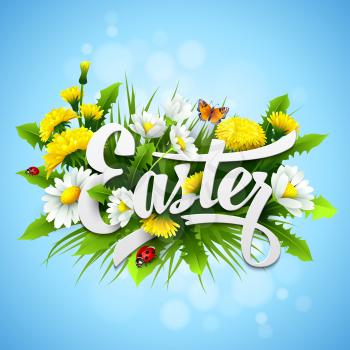 Title Easter with spring flowers. Vector illustration EPS10