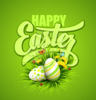 Easter greeting with eggs and flowers. Vector illustration