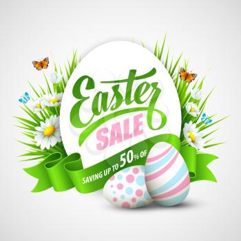 Easter poster with eggs and flowers. Vector illustration
