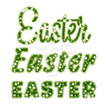 Easter Lettering Template with grass and flowers. Vector illustration EPS10