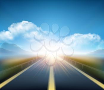 Blurred  road and blue motion blurred sky with clouds. Vector illustration EPS10