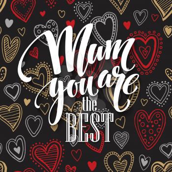 Mothers Day vector greeting card. Hand drawn calligraphy lettering title with heart seamless pattern. Black background. EPS10