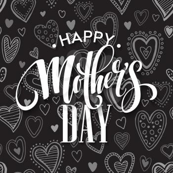 Mothers Day vector greeting card. Hand drawn calligraphy lettering title with heart seamless pattern. Black background. EPS10