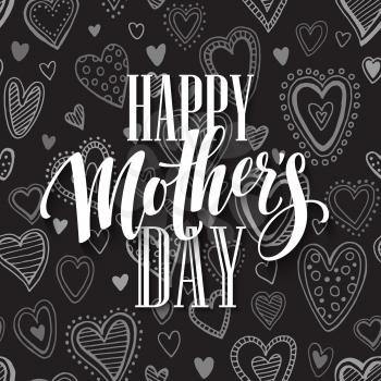 Mothers Day vector greeting card. Hand drawn calligraphy lettering title with heart seamless pattern. Black background. EPS10