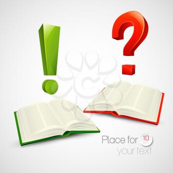 Vector illustration of books and characters or questions and exclamation