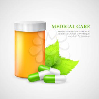 The container and pills. Eco medicine. Vector illustration EPS 10