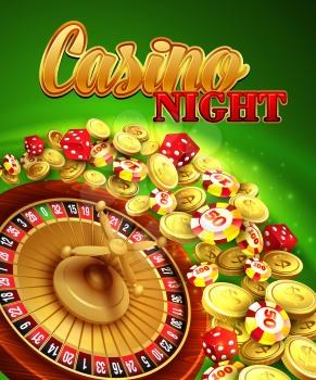 Casino night. Vector Illustration with roulette, coins EPS 10