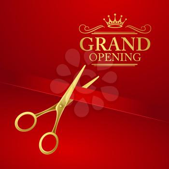Grand opening illustration with red ribbon and gold scissors EPS 10