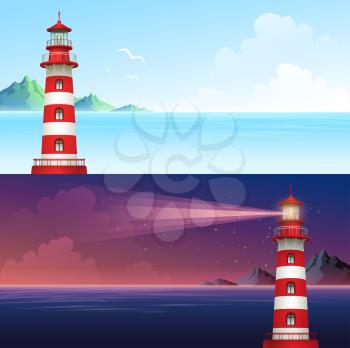 Lighthouse during day and night horizontal banner set. Vector illustration EPS10