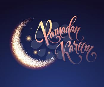 Ramadan Kareem greeting lettering card with moon and stars. Vector illustration EPS10