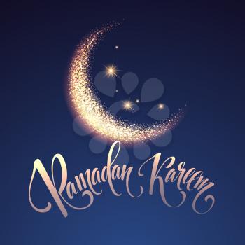 Ramadan Kareem greeting lettering card with moon and stars. Vector illustration EPS10