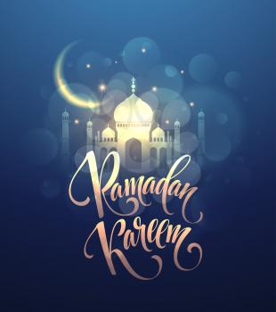 Ramadan Kareem greeting lettering card with moon and stars. Vector illustration EPS10