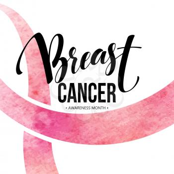 Breast cancer card. Awareness month ribbon. Watercolor texture. Modern brush calligraphy. Isolated on white background. Vector illustration EPS10