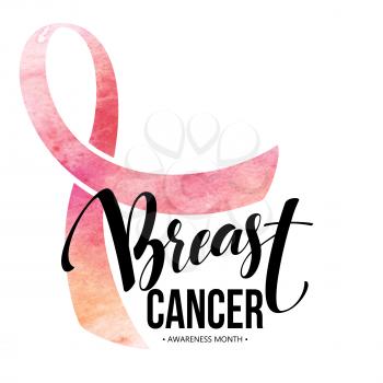 Breast cancer card. Awareness month ribbon. Watercolor texture. Modern brush calligraphy. Isolated on white background. Vector illustration EPS10