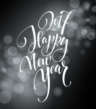Marry Christmas and Happy New Year 2017 lettering . Christmas vector illustration with realistic bokeh, blured lights background. Greeting card. Vector illustration 2017