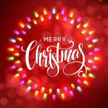 Glowing Lights Wreath for Xmas Holiday Greeting Cards Design. Merry Christmas Lettering label. Vector illustration EPS10