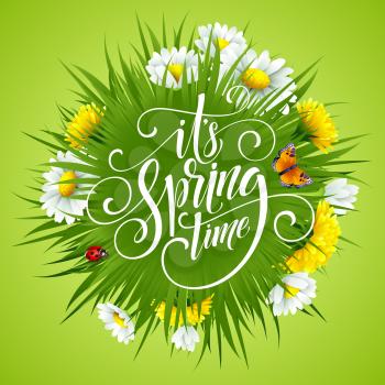 Spring Hand Lettering on background with flowers. Vector illustration EPS10