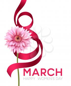 Greeting banner with gerbera flower and ribbon. 8 March - International Womens Day. Vector illustration EPS10