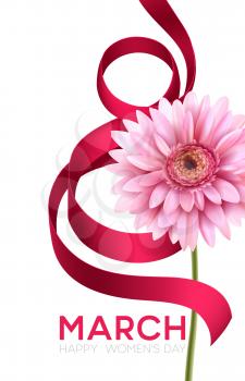 Greeting banner with gerbera flower and ribbon. 8 March - International Womens Day. Vector illustration EPS10