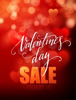 Valentines day sale, poster template on abstract background with hearts and bokeh circles. Vector illustration EPS10
