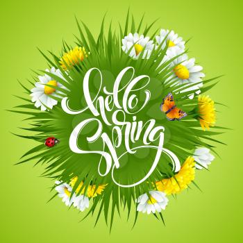 Inscription Hello Spring Hand Lettering on background with flowers. Vector illustration EPS10