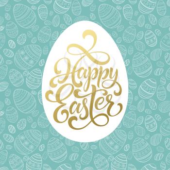 Happy Easter Golden lettering on seamless Egg background. Vector illustration EPS10