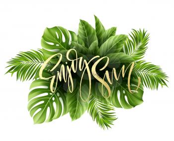 Summer poster with tropical palm leaf and handwriting lettering. Vector illustration EPS10