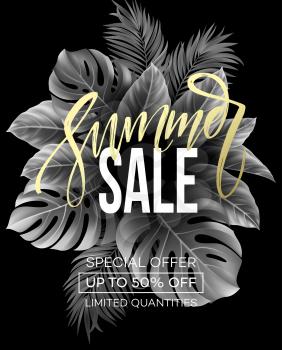 Sale banner handwriting lettering poster. Floral jungle summer background with tropical palm leaves. Vector illustration EPS10