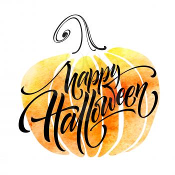 Happy Halloween lettering on watercolor background. Handwritten modern calligraphy, brush painted letters. Vector illustration EPS10