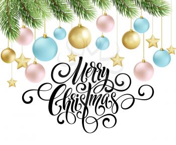 Merry Christmas handwriting script lettering. Greeting background with a Christmas tree and   decorations. Vector illustration EPS10