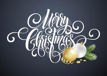 Merry Christmas handwriting script lettering. Greeting background with a Christmas tree and   decorations. Vector illustration EPS10