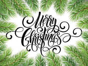 Merry Christmas handwriting script lettering. Greeting background with a Christmas tree. Vector illustration EPS10