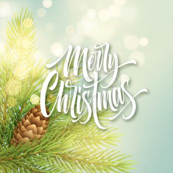 Merry Christmas white hand drawn lettering on light background. Xmas greeting with realistic fir branch and pinecone. Merry Christmas calligraphy with shiny spark. Postcard design. Vector illustration