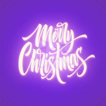 Merry Christmas neon lettering. Xmas greeting sign. Merry Christmas neon light isolated on purple background. Xmas calligraphic text. Postcard, banner design element. Vector illustration