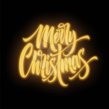 Merry Christmas neon lettering. Xmas greeting sign. Merry Christmas golden neon light isolated on black background. Xmas calligraphic text. Postcard, banner design element. Vector illustration