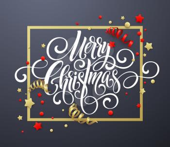 Merry Christmas handwriting script lettering. Christmas congratulatory background with streamers, confetti. Vector illustration EPS10