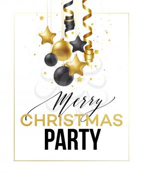 Merry Christmas card with gold and black balls. Vector illustration EPS10