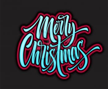 Merry Christmas hand lettering with neon outline. Xmas calligraphic greeting. Merry Christmas blue lettering with pink neon glowing. Banner, signboard, poster design element. Isolated vector
