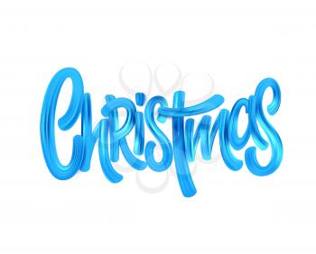 Christmas acrylic paint brush lettering. Oil paint decoration on white background. Christmas blue acrylic brushstrokes. Xmas paint lettering. Banner, poster 3d design element. Color isolated vector